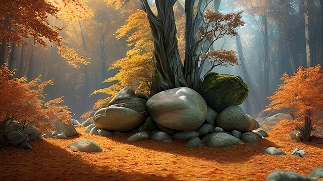 award winning photo of a small rock in a mesmerizing autumn forest scatter sun light  intricate realistic details  amazing clouds