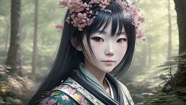 the most breathtaking award winning amazing 4k uhd detailed fascinating anime portrait of happy japan woman in a forest  intricate realistic details  dark shades