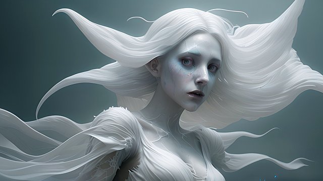artistic spectral ghost lady floating, spectral shred white dress, epic detailed view