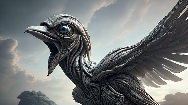 award winning portrait photo of an extraterrestrial bird  intricate realistic details  amazing clouds