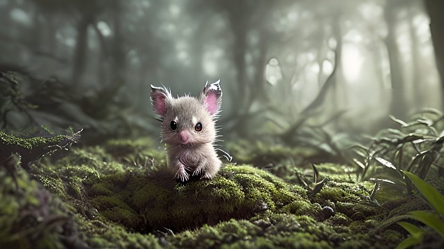award winning photo of a small animal in a forest on an alien planet  intricate realistic details  amazing clouds