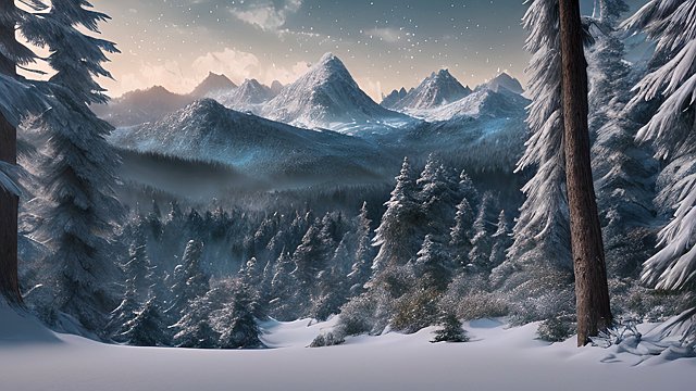 4k breathtaking ultrarealistic RAW color photo of a snowy forest mountains  intricate realistic details
