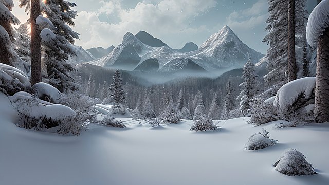 4k breathtaking ultrarealistic RAW color photo of a snowy forest mountains, intricate realistic details