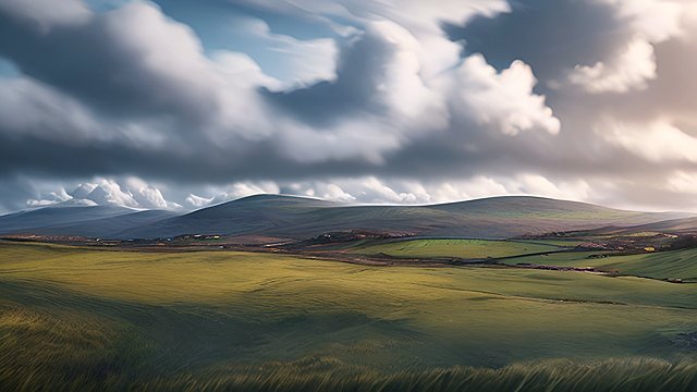 award winning breathtaking shot of irish countryside  intricate realistic details  breathtaking clouds  photorealistic