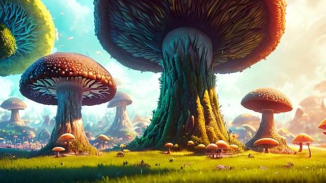 In the heart of the new world, towering mushrooms stretched like colossal umbrellas, casting whimsical shadows over the landscape