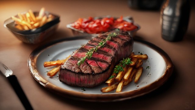 breathtaking painting of a steak with french fries, intricate details
