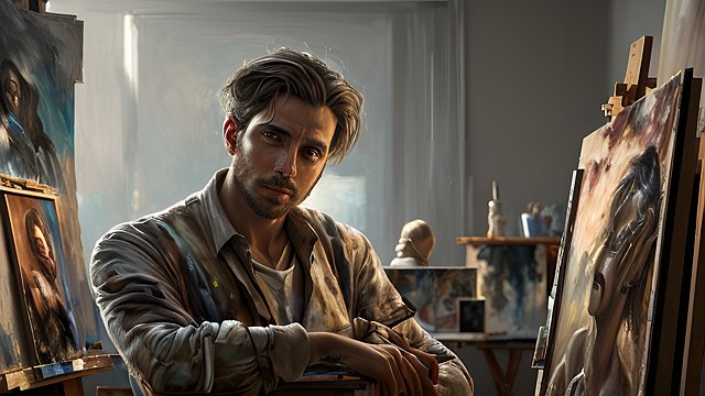 breathtaking portrait of a male painter in his studio