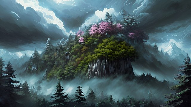 anime painting of an anime mountain forest  wind  breathtaking clouds  dark atmosphere
