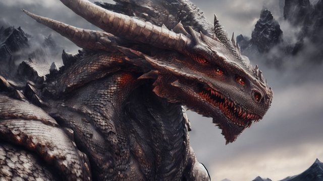 breathtaking close up painting portrait of a breathtaking dragon with scales and horns  snowy mountains background  intricate realistic details