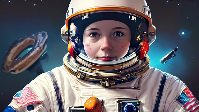 portrait of an astronaut  donuts on helmet  colorful