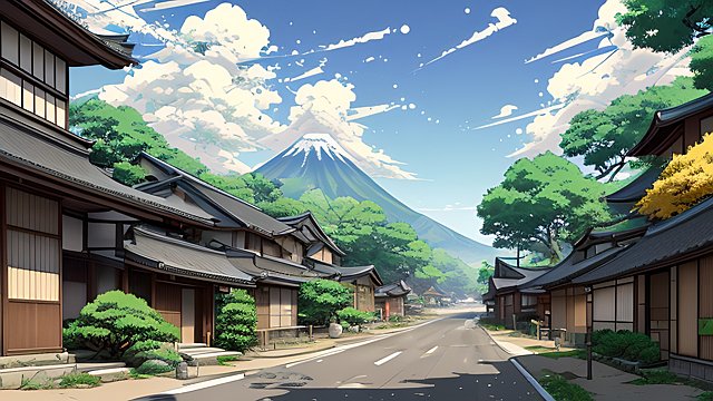 japanese countryside street during summer  anime style  manga style  soft  contrast