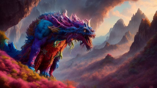 breathtaking colorful painting of a gigantic whimsical monster in mountains  intricate details