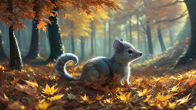 award winning photo of a small animal in a mesmerizing autumn forest scatter sun light  intricate realistic details  amazing clouds