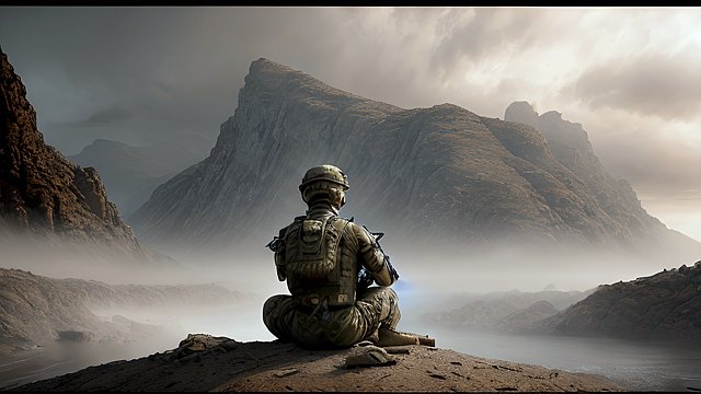mesmerizing award winning shot of a breathtaking soldier in amazing landscape  absolute masterpiece  intricate details