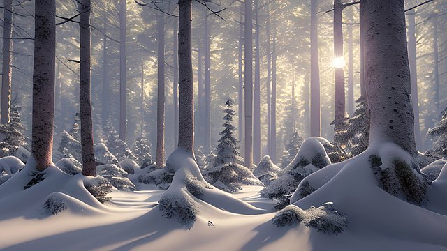 breathtaking snowy forest with scatter sun light  intricate realistic details