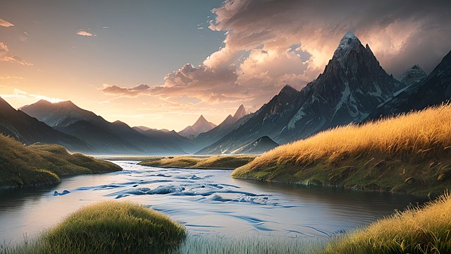 award winning photo of mountains and rivers, intricate realistic details, in a grass field, amazing clouds