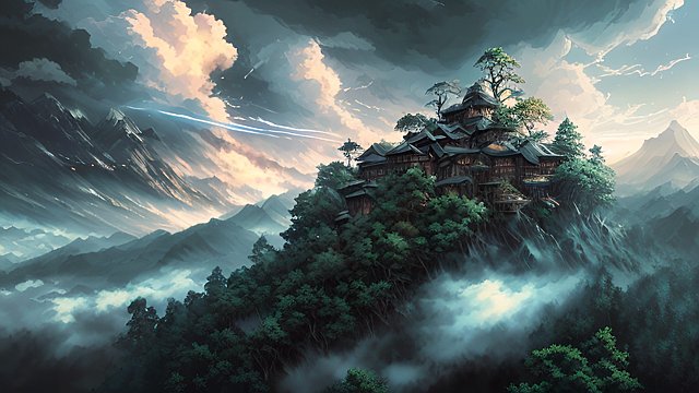 anime painting of an anime mountain forest, wind, breathtaking clouds, dark atmosphere