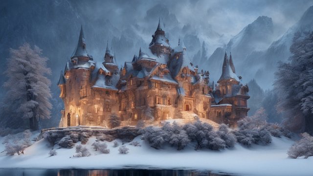 the most breathtaking award winning amazing 4k uhd detailed fascinating photo of a small european castle in snowy mountains  intricate realistic details