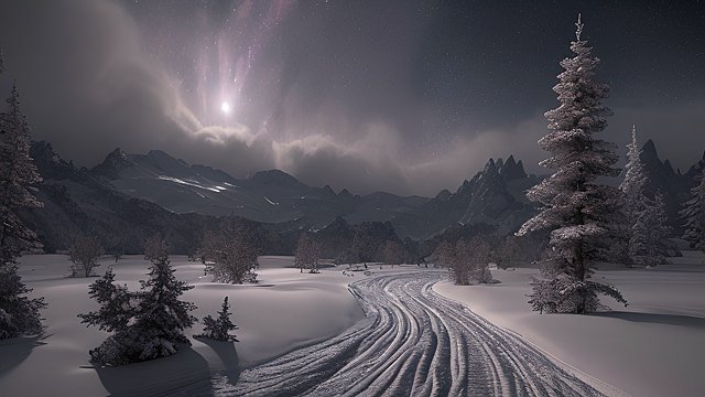 4k breathtaking night snowy landscape with a nebulae  intricate realistic details