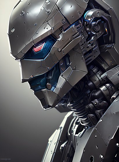 portrait humanoid armored robot, dark background, intricate details
