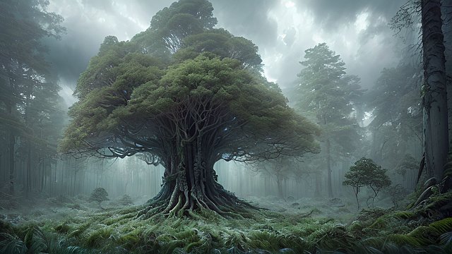 award winning photo of a mesmerizing gigantic forest  intricate realistic details  amazing clouds