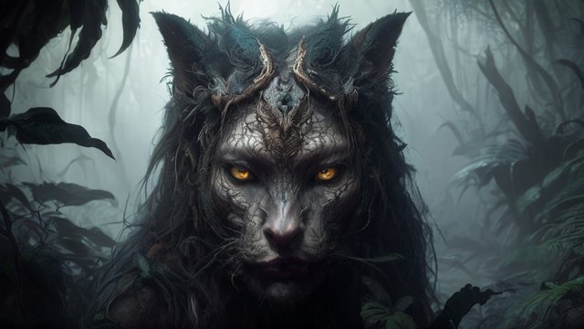 breathtaking portrait painting mesmerizing dark fantasy animal in a dark jungle  intricate realistic details