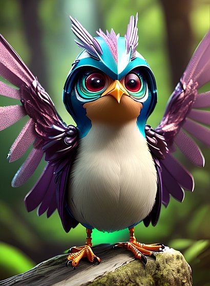 beautiful octane render of a cyber little bird  intricate details  in a forest