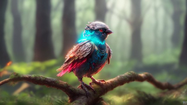 beautiful octane render of a cyber little bird  intricate details  in a forest