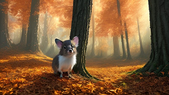 award winning photo of a small animal in a mesmerizing autumn forest scatter sun light  intricate realistic details  amazing clouds