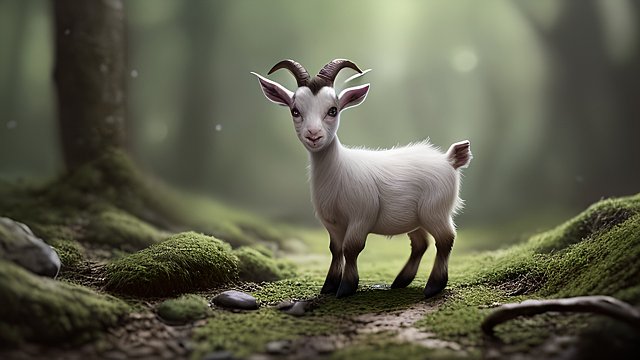 award winning breathtaking photo of a small goat in a forest  intricate realistic details