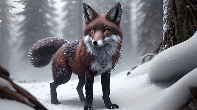 4k breathtaking photo of a dark brown fox in snowy forest mountains, blizzard, intricate realistic details