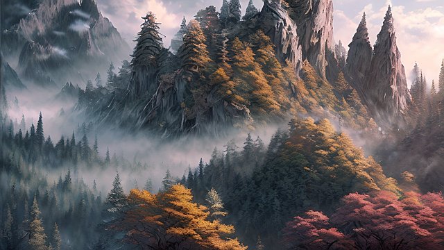 the most breathtaking anime painting of forest mountain  intricate realistic details  dark shades  amazing anime clouds