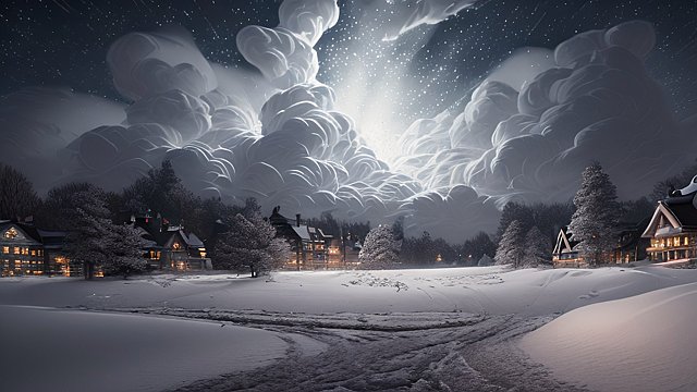 award winning night shot of a snowy landscape  high contrast  intricate realistic details  breathtaking clouds