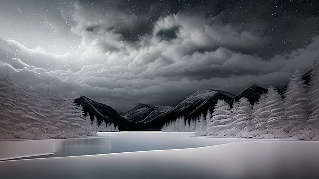 award winning night shot of a snowy lake  high contrast  intricate realistic details  breathtaking clouds