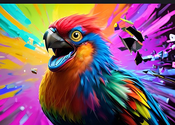 smiling insane angry mad colorful bird  colorful beautiful  dark background  award winning colorful painting