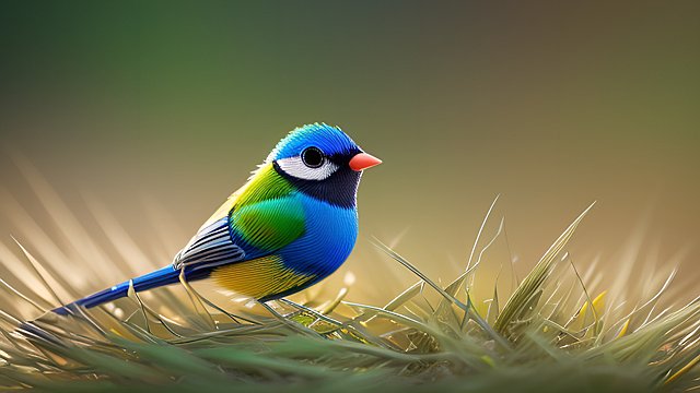 award winning photo of a colorful mesmerizing small bird in grass  intricate realistic details