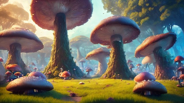 In the heart of the new world, towering mushrooms stretched like colossal umbrellas, casting whimsical shadows over the landscape