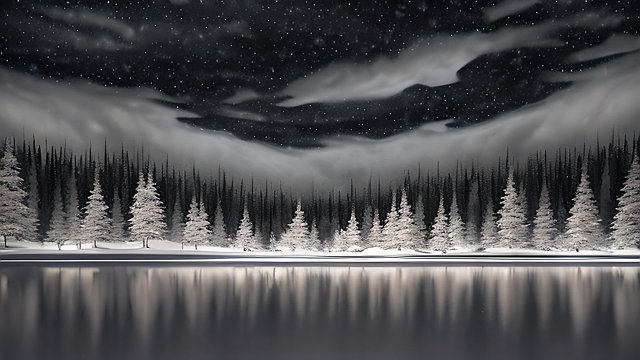 award winning night shot of a snowy lake  high contrast  intricate realistic details  breathtaking clouds