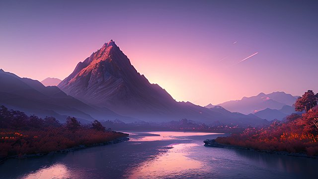 sunset over a river  clouds in the sky  pink and purple and orange colors in the sky  mountain in the background