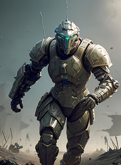 an armored soldier running in the battlefield  futuristic  intricate details