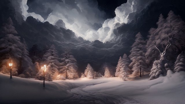 award winning night shot of a snowy landscape  high contrast  intricate realistic details  breathtaking clouds