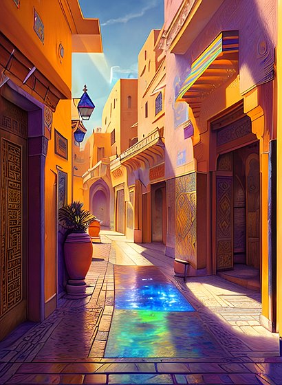 beautiful painting inside a morrocan street  amazing lighting  daylight  sun rays