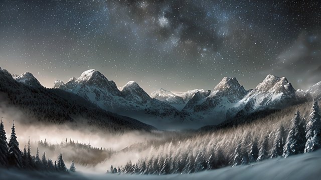 4k breathtaking photo of a snowy forest mountains  night starry sky  milky way  intricate realistic details