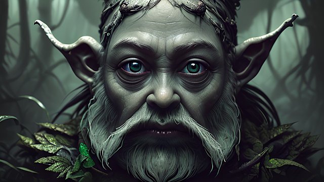 award winning portrait painting mesmerizing dark fantasy creepy gnome in a dark jungle  intricate realistic details  amazing atmosphere