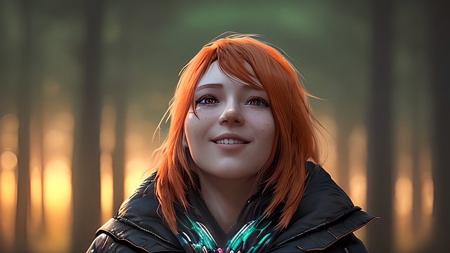 the most breathtaking award winning amazing 4k uhd detailed fascinating anime portrait of happy russian woman in a forest during sunset, intricate realistic details, dark orange shades