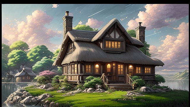 breathtaking anime painting of a cottage in an anime or manga style  manga  in the open with astonishing clouds