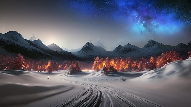 4k breathtaking night snowy landscape with a nebulae  intricate realistic details