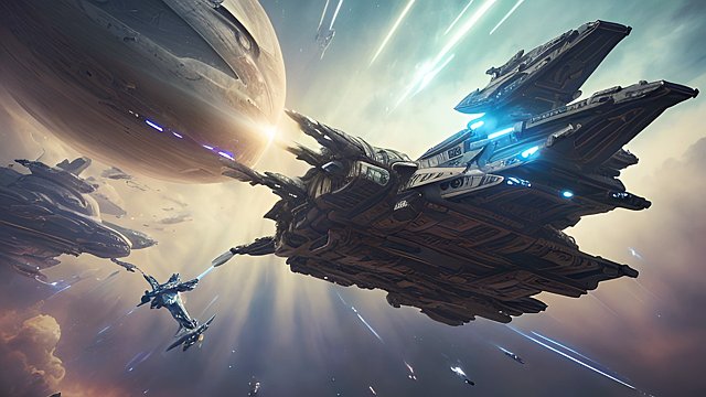 award winning photo of a spaceship battle, intricate realistic details, amazing clouds