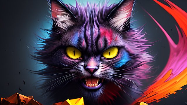 insane angry mad cat, colorful beautiful, dark background, award winning colorful painting
