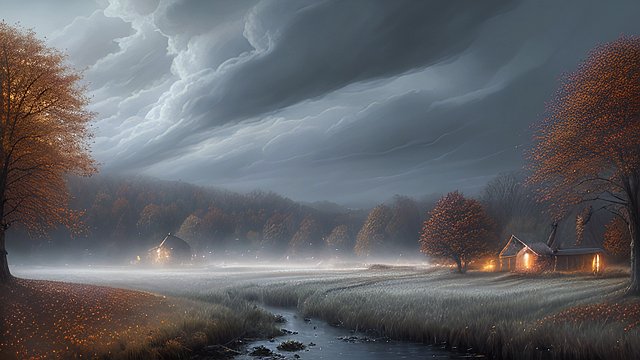 award winning night shot of a autumn countryside  amazing contrast  intricate realistic details  breathtaking clouds